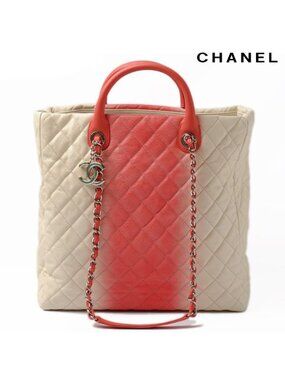 Chanel Tote Shoulder Bag Coral Pink Ivory Caviar Leather 2-Way